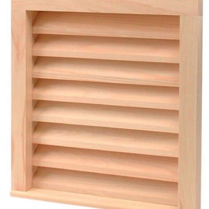 May include: A natural wood louvered vent with a rectangular frame. The vent has 9 horizontal louvers.