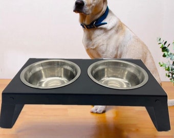 Unfinished Solid Wood Pet Feeding Station Double stainless Steel Bowls. Choose Size, 1” thick .Angled Legs.