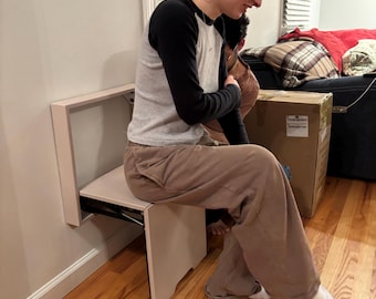 Space-Saving Wall-Mounted Folding Wall Stool Shoe Bench for Entryway "Benji", Soft Drop down, White or 30 Colors Upgrade, 17-20”W 3”D
