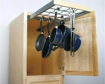 Pull Out Pots & Pans Organizer "Knight" Wooden Kitchen Cabinet Rack with Hooks, Soft Close Slides, for Frameless cabinets