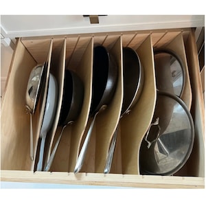 Cookware Pans storage insert "Referee" with 4 Angled Drawer Dividers, Choose size within listed 6” High,Pine Birch Oak, Custom sizes