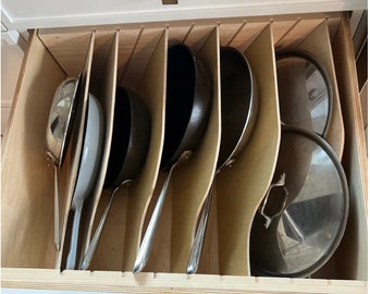 Cookware Pans storage insert "Referee" with 4 Angled Drawer Dividers, Choose size within listed 6” High,Pine Birch Oak, Custom sizes