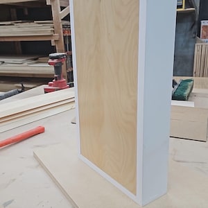 May include: A tall, rectangular cabinet with a light wood grain panel framed by a white border. The cabinet's sides are painted white. It is positioned on a light brown surface in a workshop setting.