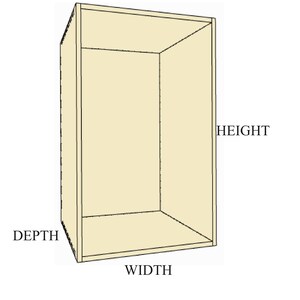 May include: A light beige, open-faced cabinet or box, with labels indicating dimensions: height, depth, and width. The cabinet is rectangular and appears to be empty. The lines are clean and the design is simple.