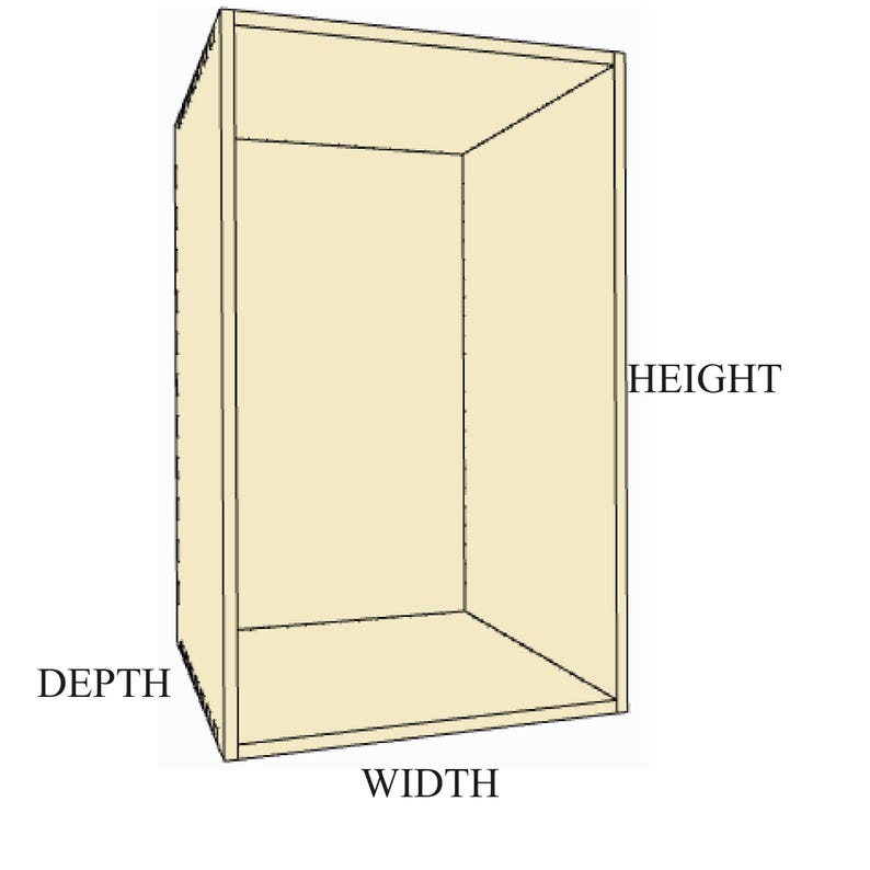 May include: A light beige, open-faced cabinet or box, with labels indicating dimensions: height, depth, and width. The cabinet is rectangular and appears to be empty. The lines are clean and the design is simple.