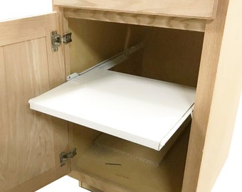Pull Out Sliding White Shelves Shelf Melamine with white Euro Slides, Available Soft close and Push to open, custom made any size.