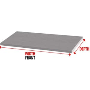 May include: A rectangular, gray surface with the words "WIDTH FRONT" and "DEPTH" in red. The image shows the dimensions of the surface, with arrows indicating the width and depth.