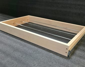 Pine Laundry Drying Hanging Rack Drawer, Soft Close Side Mount Slides, Stainless Rods Perpendicular to Front, 4"H, Custom Size,Change Slides