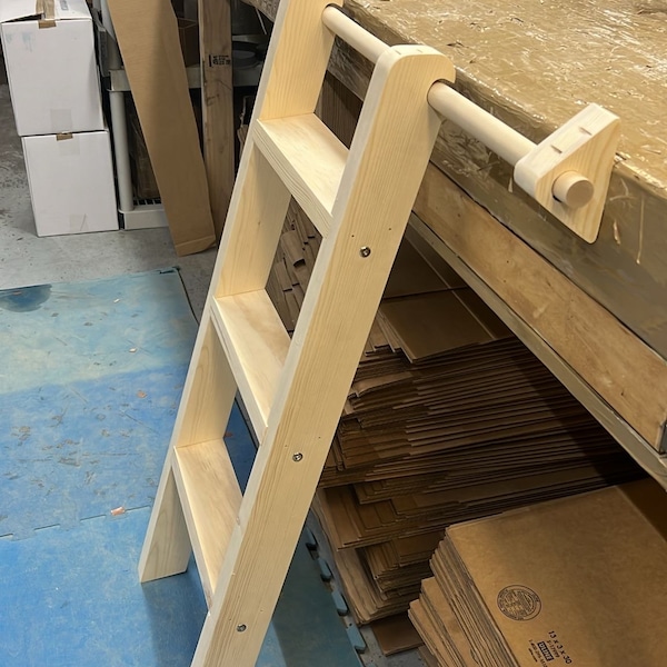 Unfinished Pine Wood Library Ladder "Hugger"with Rod Mounting and Single Hook 12D Angle, 16" Wide, Custom Sizes