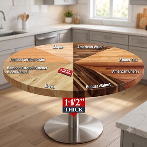 May include: A circular wooden tabletop sample display featuring eight distinct wood species and patterns labeled Maple, American Walnut, Builder Oak, American Cherry, Builder Walnut, Hevea, Bamboo Parquet Butcher Block Natural, and Bamboo Vertical Grain. The board is 1-1/2" thick.