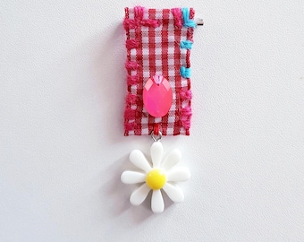 Handmade Red Gingham Brooch, Daisy Charm, Fun Gift