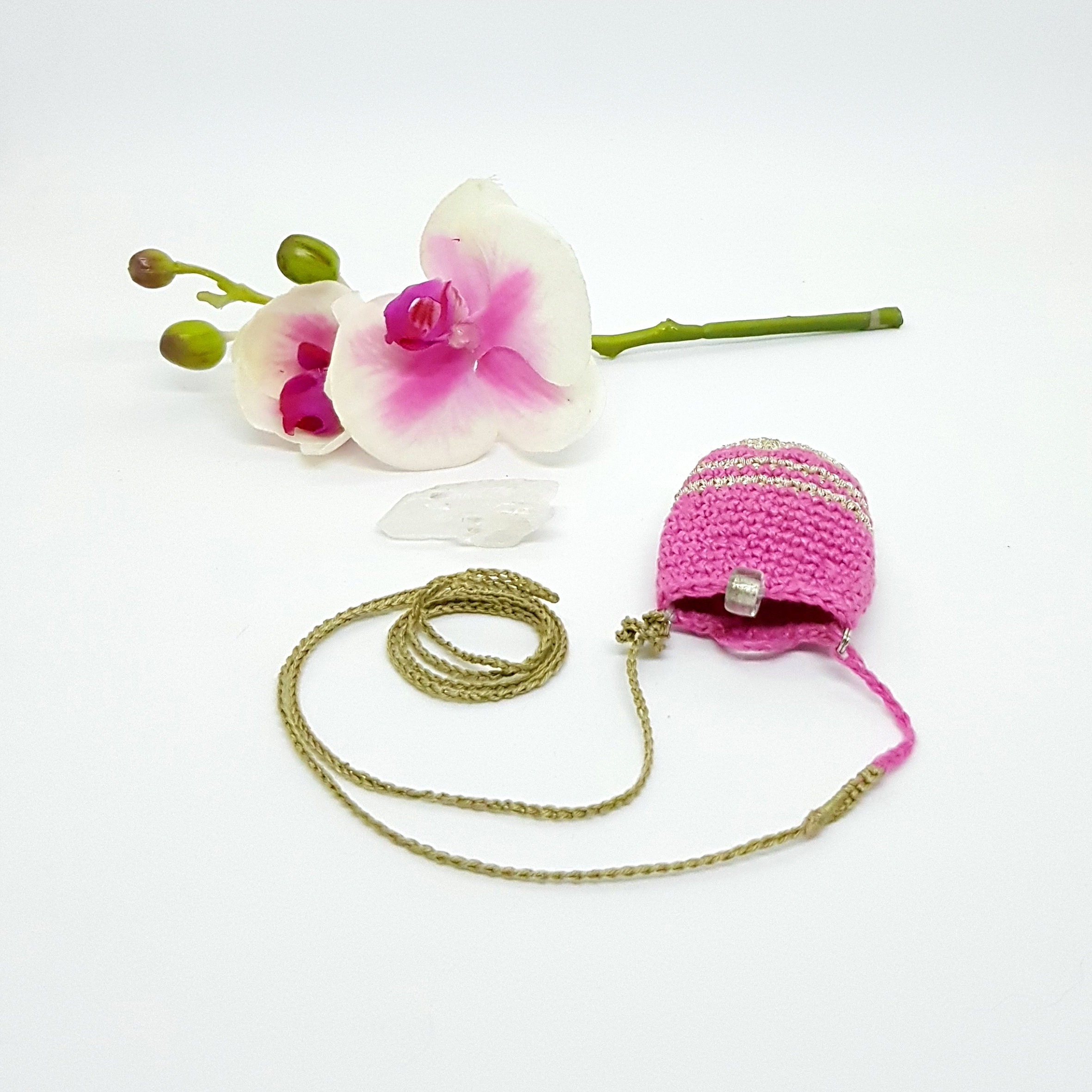 Sac Amulette #28 en Lin Rose Rayé Doré Tendresse