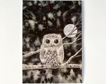 4 postales Búho y Pluma, luna llena, tarjeta de felicitación, invierno, nieve, Navidad, tarjeta navideña, blanco y negro, luna llena, árbol