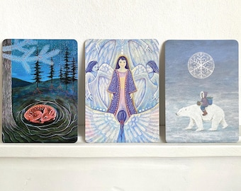 Conjunto de postales, ciervo bajo abeto azul, ángeles, oso polar, conjunto de tarjetas de invierno/Navidad con pinturas pintadas a mano