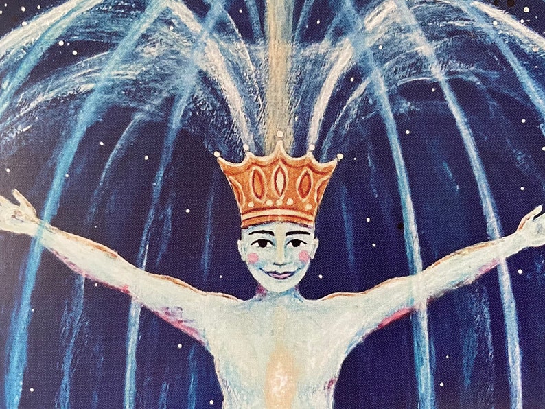 May include: A painting of a person wearing a gold crown, with arms outstretched, standing in front of a blue background with white streaks of paint. The person has a white face with a smile and rosy cheeks.