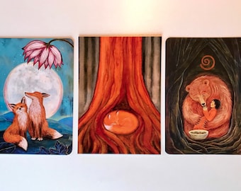 Set de postales, zorros, zorro, oso. Feliz luna llena, madera de cedro, corteza de canela