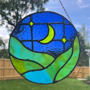 IMPERFECT ITEM| Handmade Stained Glass Moon Landscape
