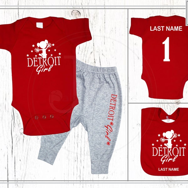 Detroit Red Wings Inspired - Personalized Baby One Piece, Bib and/or Joggers - Hockey/Babyshower/Birthday Gift. Perfect to watch the game!