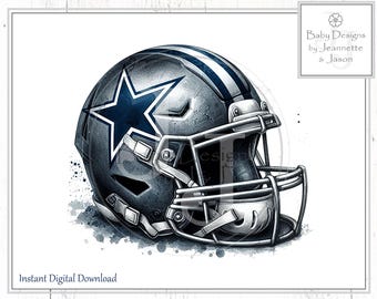 May include: A silver football helmet with a blue star on the side. The helmet has a white stripe around the top and a black face mask.