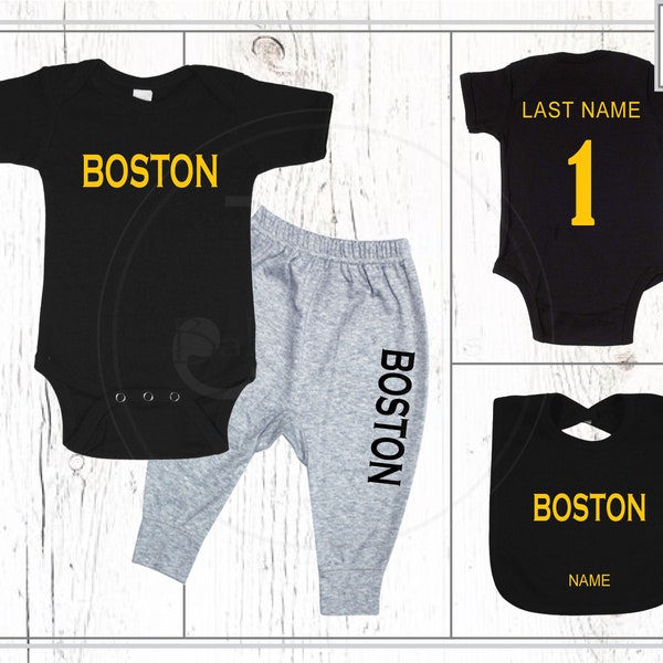 Boston Inspired - Personalized Baby One Piece, Bib and/or Joggers - Bruins/Hockey/Babyshower/Birthday Gift. Perfect to watch the game!