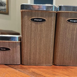 Vintage Masterware Canette Woodgrain and Chrome Canisters x 3, 1950s