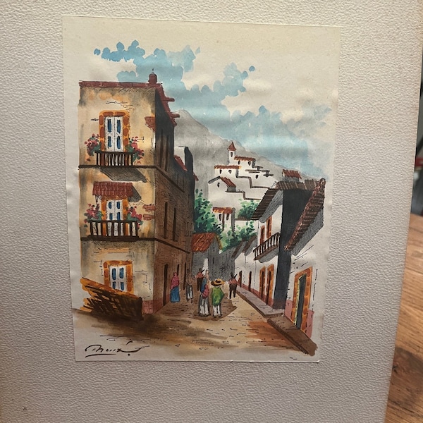 Vintage Original Watercolor Street Scene, Signed by Ruiz, Mexico