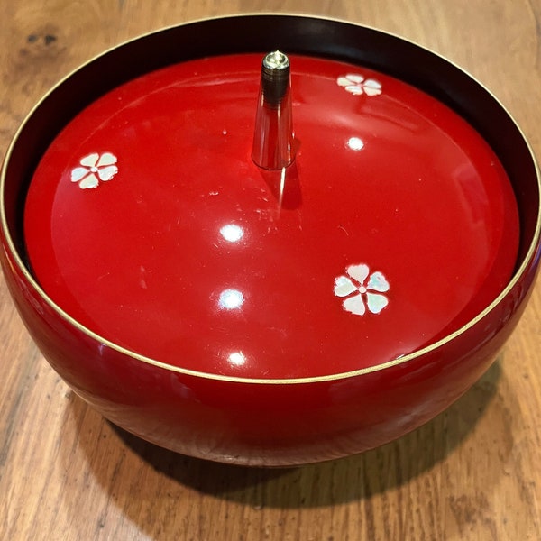 Vintage Red & Black Lacquer Covered Bowl With Mother of Pearl Inlay Lid