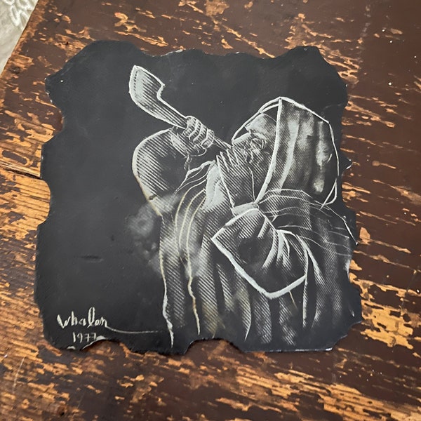 Vintage Etching on Slate Blowing Shofar