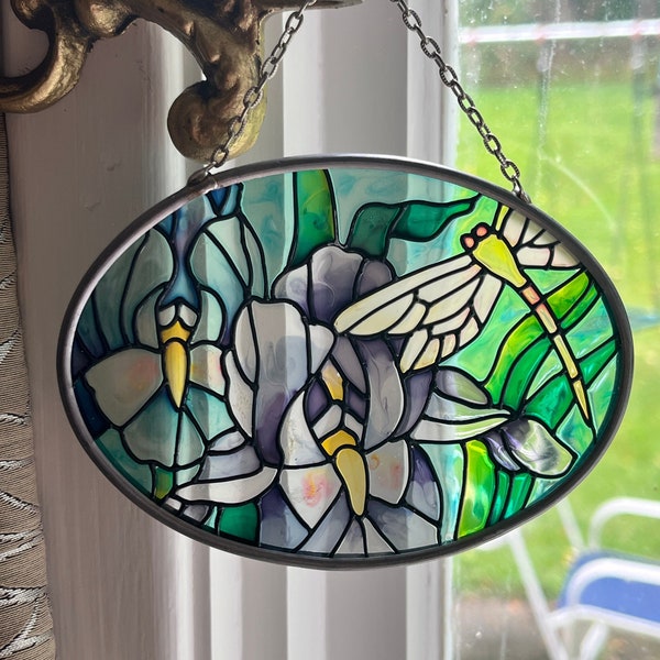 Joan Baker Designs, Iris and Dragonfly Stained Glass