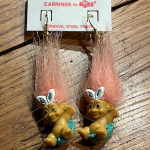 Vintage Wacky Wabbit Trolls Dolls Pierced Earrings, by Russ