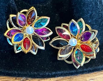 Vintage Multi-Color Costume Rhinestone Flower Clip-On Earrings