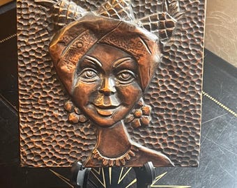 Vintage Mid Century Copper Wall Hanging Beautiful Brazilian Woman
