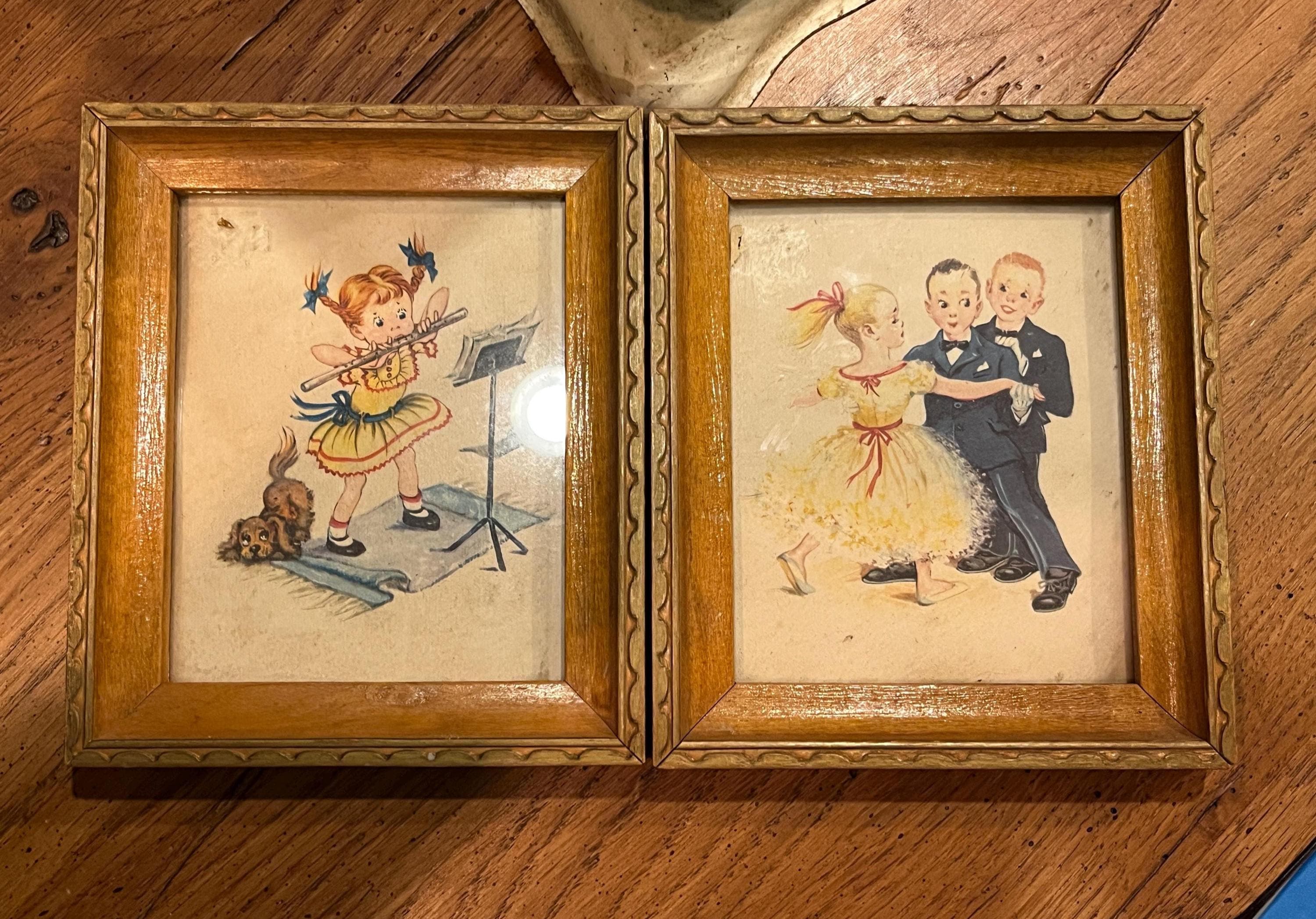 Vintage Set of 2 Framed Prints of Children, 1950s