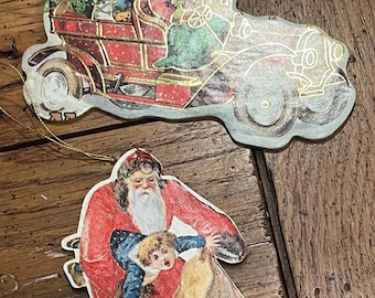 Set of 2 Vintage Decorative Die-Cut Santa Ornaments