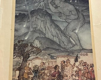 Hercules and Atlas, Color Book Plate From A Wonder Book, by Nathaniel Hawthorne, Illustrated by Artist Arthur Rackham, 1922