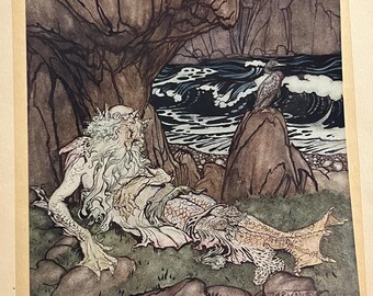 A Crowned Merman, Color Book Plate From A Wonder Book, by Nathaniel Hawthorne, Illustrated by Artist Arthur Rackham, 1922