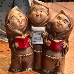 Vintage Chalkware Singing Monks, Lark Brand, Japan