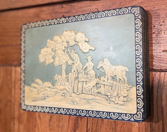 Vintage Raised Relief Tin, Ladies Fox Hunting Scene