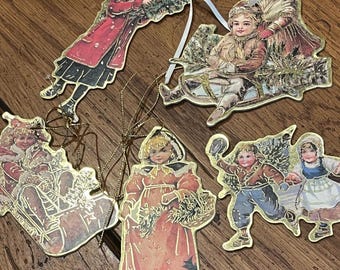 Set of 5 Vintage Decorative Victorian Ornaments, Christmas Eve Inc, 1983