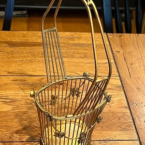 Vintage Mid-Century Gold Metal Basket with Rose Trellis Design, With Optional White Ceramic Insert