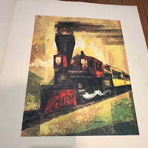 May include: A vintage-style painting of a red and black steam locomotive pulling a train. The locomotive is in the foreground and the train cars are in the background. The painting is done in a cubist style with bold colors and geometric shapes.