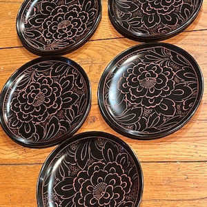 Vintage Black Lacquer Set of 5 Confectionery Plates/Bowls, Possibly Attributed to Wajima Lacquerware