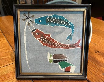 Vintage Framed Fabric Painting of Japanese Fish Kites