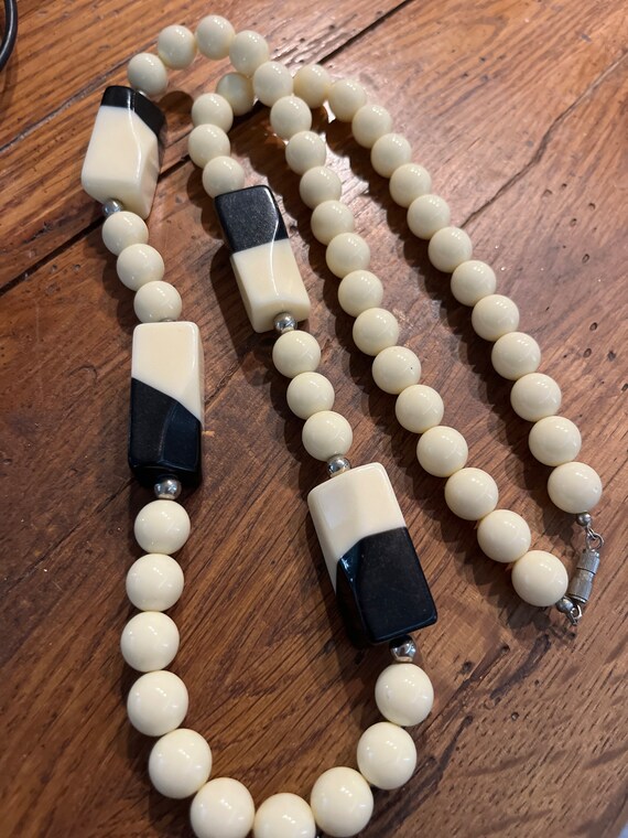 Vintage Ivory and Black Beaded Necklace, 30" - image 1
