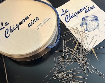 Vintage Round La Chignon-aire Box, Pamphlet, and Assorted of MCM Hair Pins, 1960s