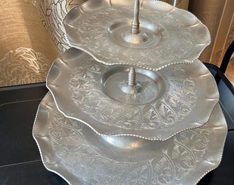 Vintage Hand Wrought Aluminum 3-Tiered Tray, Wilson Specialties, Brooklyn, NY