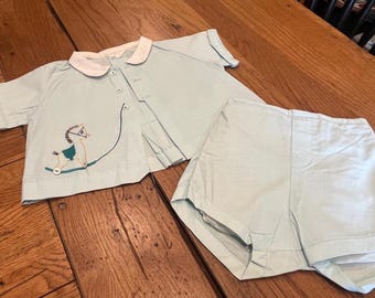 Vintage Embroidered Infant Gift Crib Set Including Top and Rubber Lined Shorts/Pants