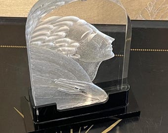 Vintage Clear Art Deco Style Lucite Carving on Black Stand, Artist Signed by S. Mann
