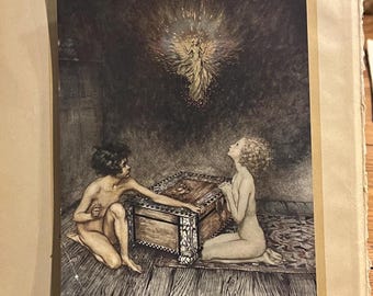 Pandora and Epimetheus, Color Book Plate From A Wonder Book, by Nathaniel Hawthorne, Illustrated by Artist Arthur Rackham, 1922