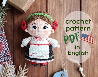 Crochet English pattern PDF. Amigurumi toys patterns. Ukrainian doll crochet pattern. Ukrainian girl. Crochet pattern.